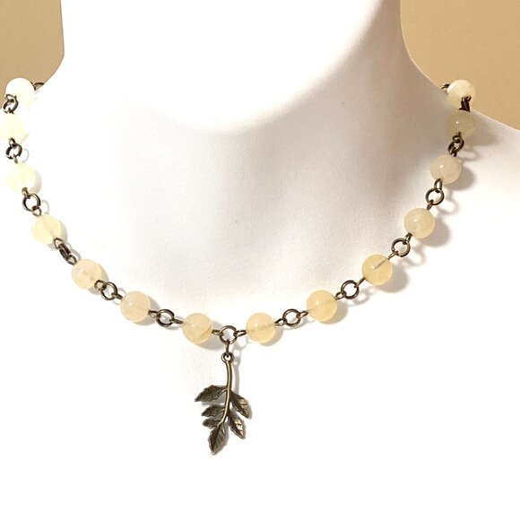 Natural Yellow Aventurine Necklace, Bronze Leaf Branch + Genuine Gemstone Choker - Picture 2 of 14